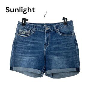 New Directions Womens Blue Denim Midi Shorts Size 14R Back Pockets Embroidered